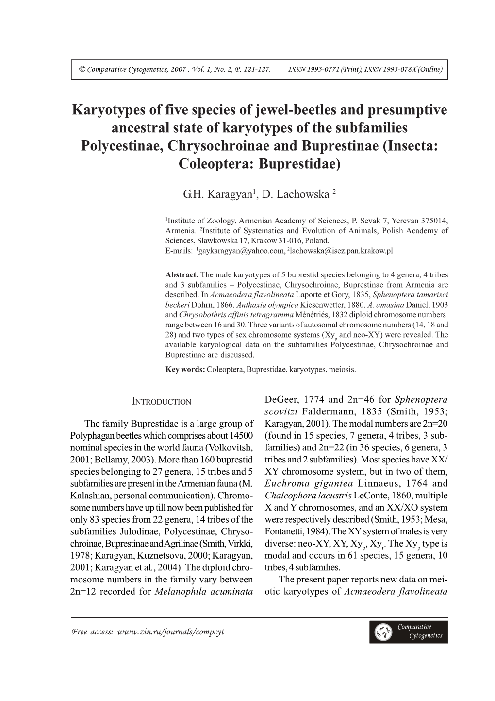 Karyotypes of Five Species of Jewel-Beetles and Presumptive