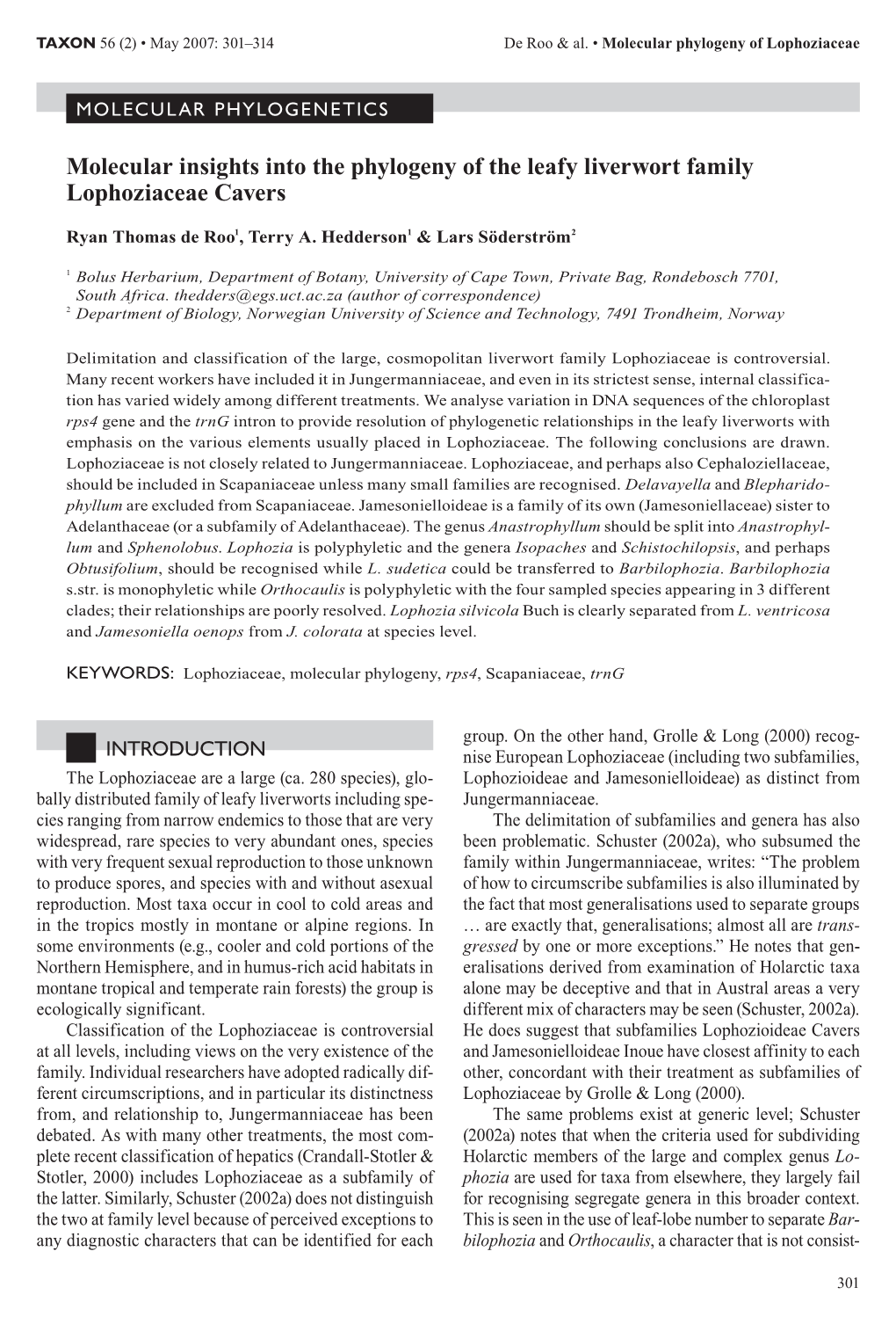 Molecular Insights Into the Phylogeny of the Leafy Liverwort Family Lophoziaceae Cavers