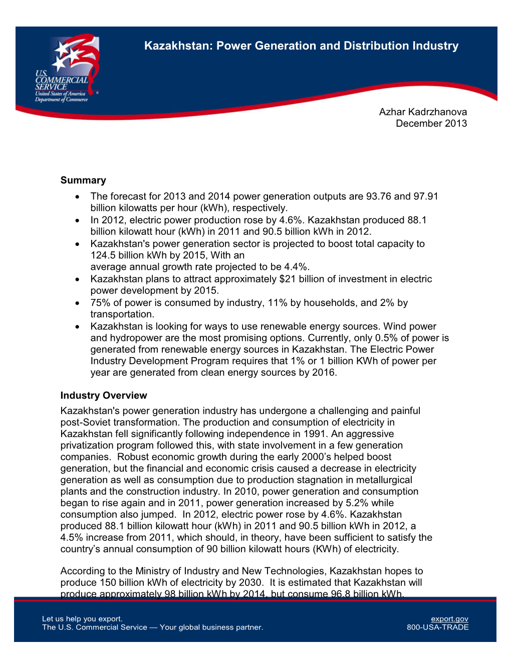 Kazakhstan: Power Generation and Distribution Industry Kazakhstan: Power Generation and Distributionpage Industry 1 of 16