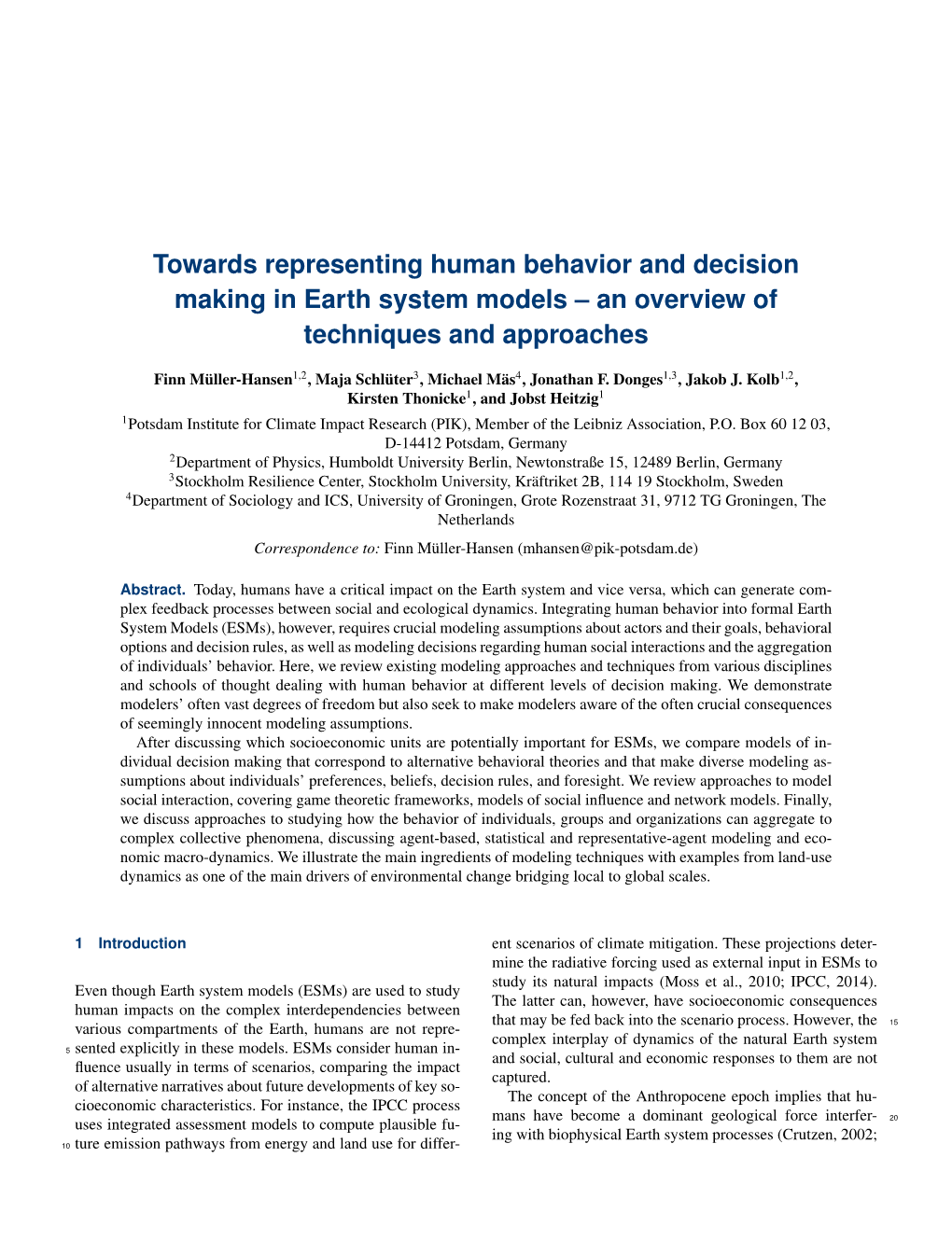 Towards Representing Human Behavior and Decision Making in Earth System Models – an Overview of Techniques and Approaches