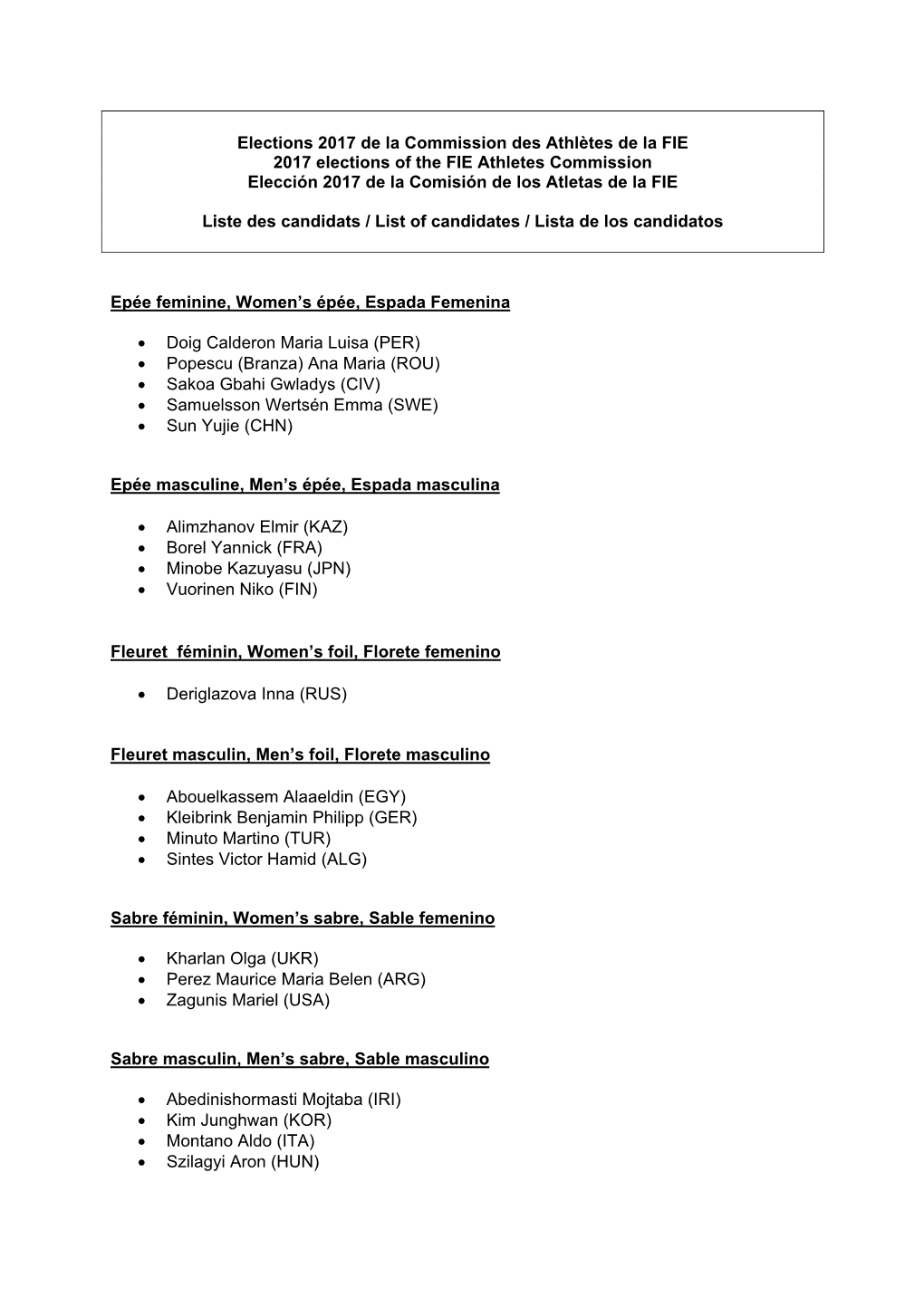 Elections 2017 De La Commission Des Athlètes De La FIE 2017 Elections of the FIE Athletes Commission Elección 2017 De La Comisión De Los Atletas De La FIE