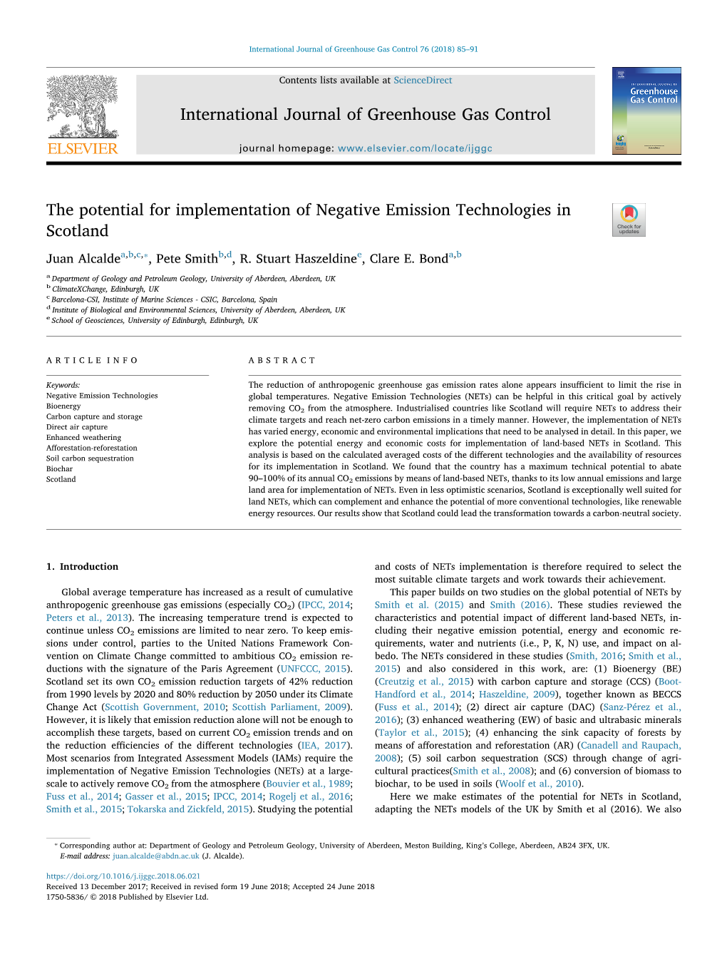 The Potential for Implementation of Negative Emission Technologies in T Scotland ⁎ Juan Alcaldea,B,C, , Pete Smithb,D, R