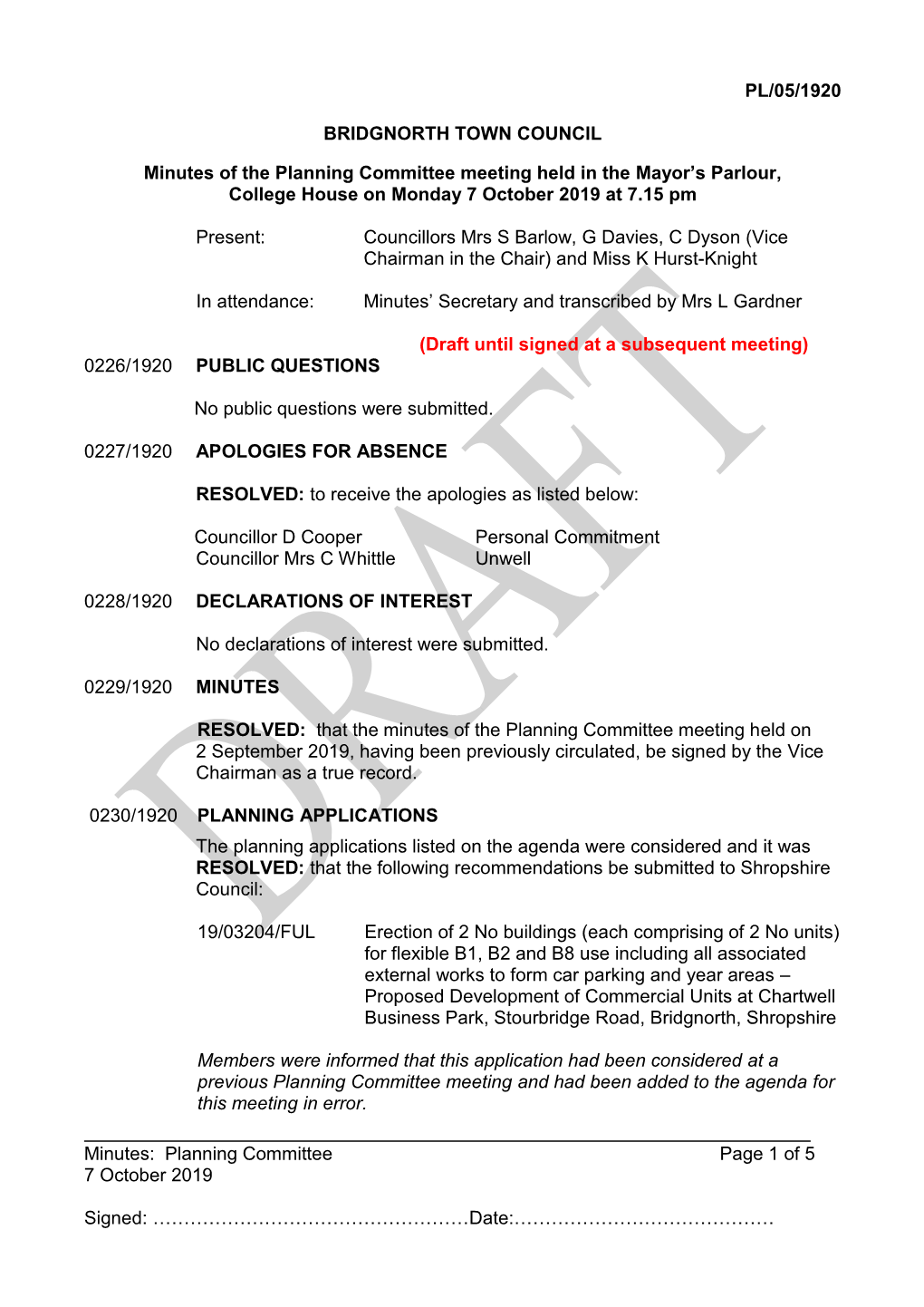 Planning Committee Page 1 of 5 7 October 2019