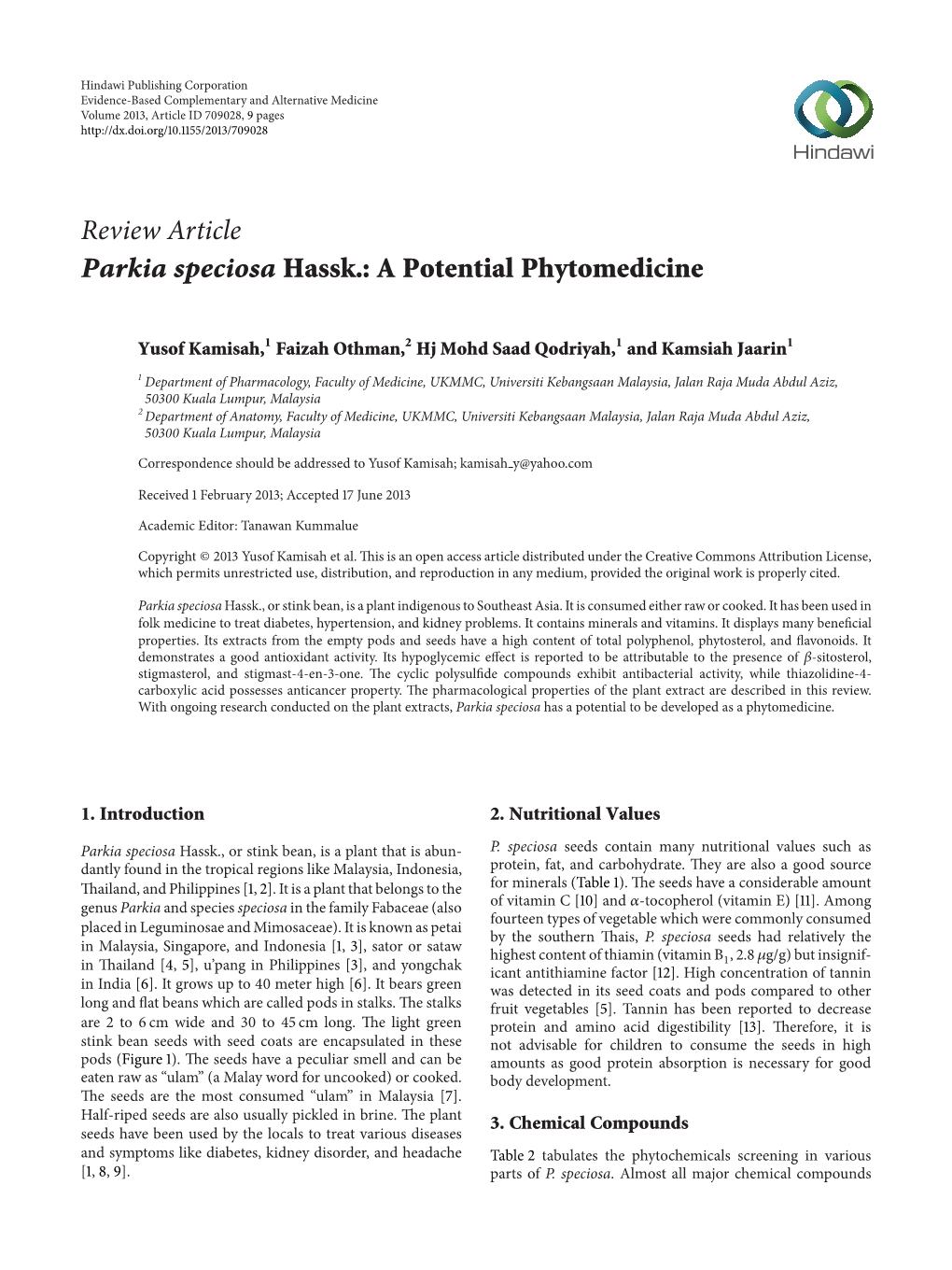 Review Article Parkia Speciosa Hassk.: a Potential Phytomedicine