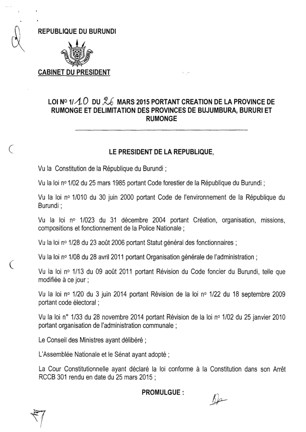 Republique Du Burundi Cabinet Du President Loi No 1