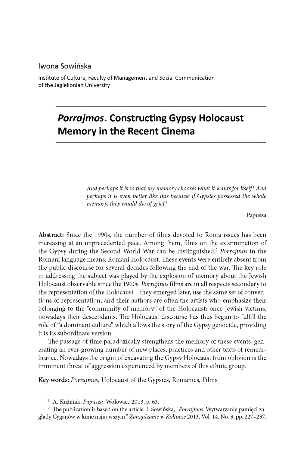 Porrajmos. Constructing Gypsy Holocaust Memory in the Recent Cinema