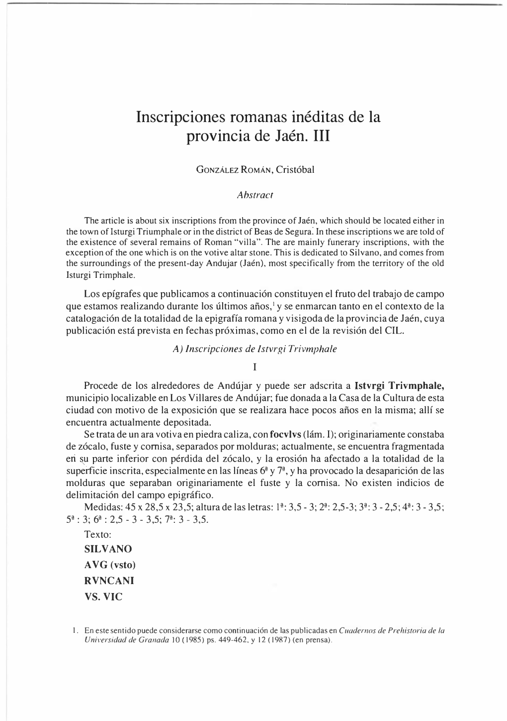 Inscripciones Romanas Inéditas De La Provincia De Jaén. III