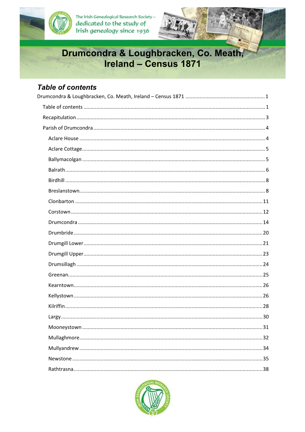 Drumcondra & Loughbracken, Co. Meath, Ireland – Census 1871