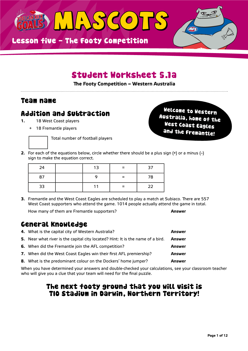 Student Worksheet 5.1A the Footy Competition – Western Australia