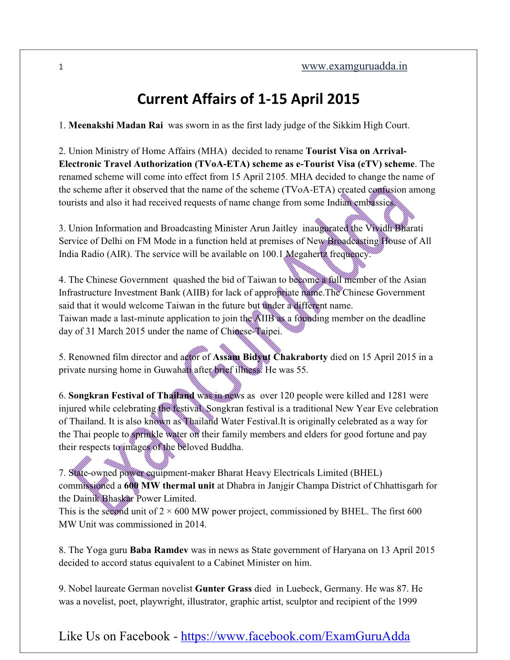 Current Affairs of 1-15 April 2015