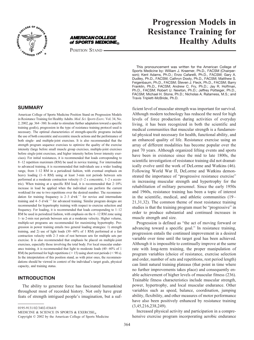 Progression Models in Resistance Training for Healthy Adults POSITION STAND