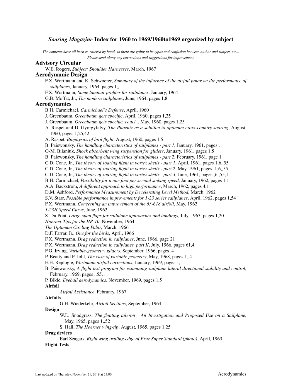 Soaring Magazine Index for 1960 to 1969/1960To1969 Organized by Subject