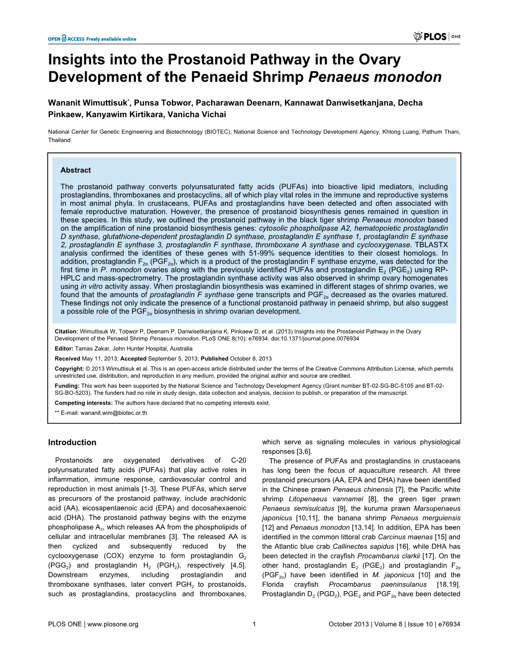 Insights Into the Prostanoid Pathway in the Ovary Development of the Penaeid Shrimp Penaeus Monodon