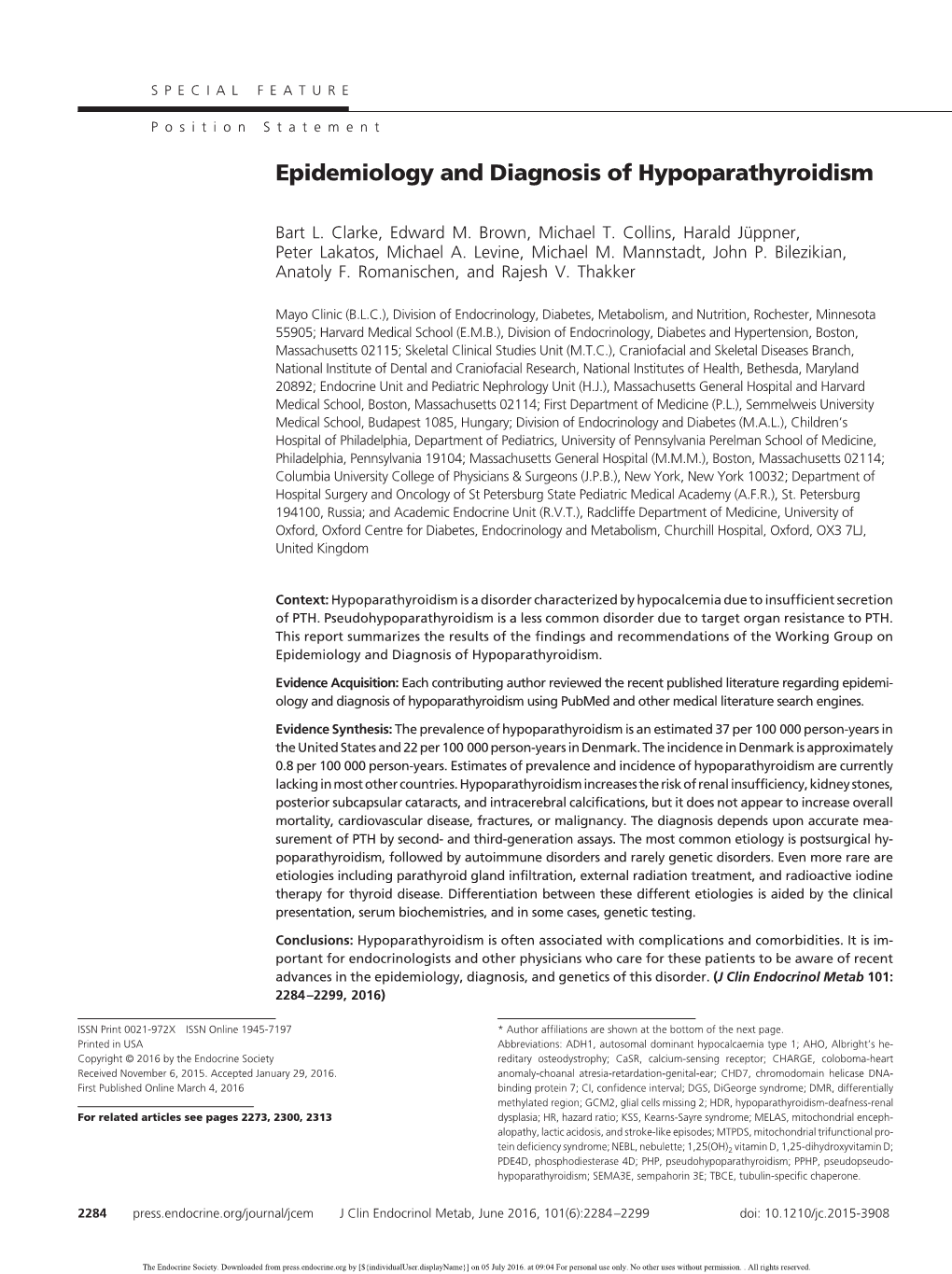 Epidemiology and Diagnosis of Hypoparathyroidism