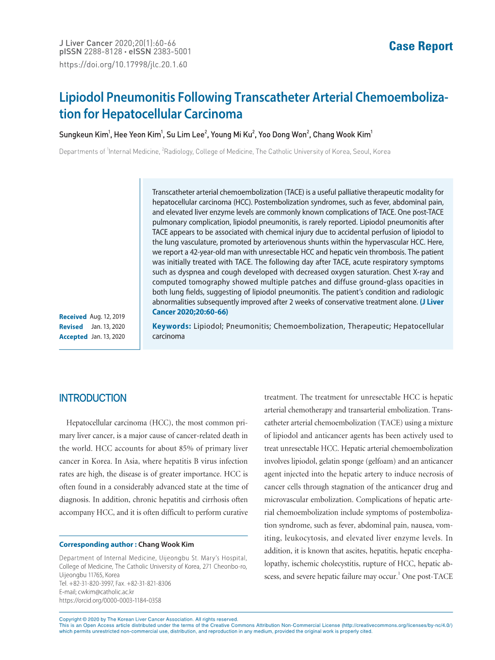 Lipiodol Pneumonitis Following Transcatheter Arterial Chemoemboliza- Tion for Hepatocellular Carcinoma