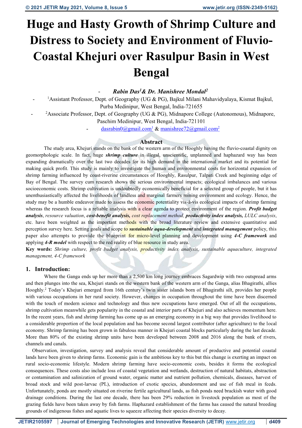 Huge and Hasty Growth of Shrimp Culture and Distress to Society and Environment of Fluvio- Coastal Khejuri Over Rasulpur Basin in West Bengal