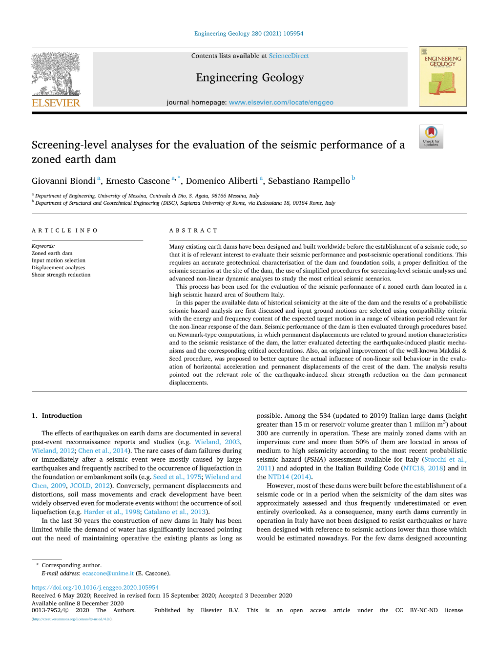 Screening-Level Analyses for the Evaluation of the Seismic Performance of a Zoned Earth Dam