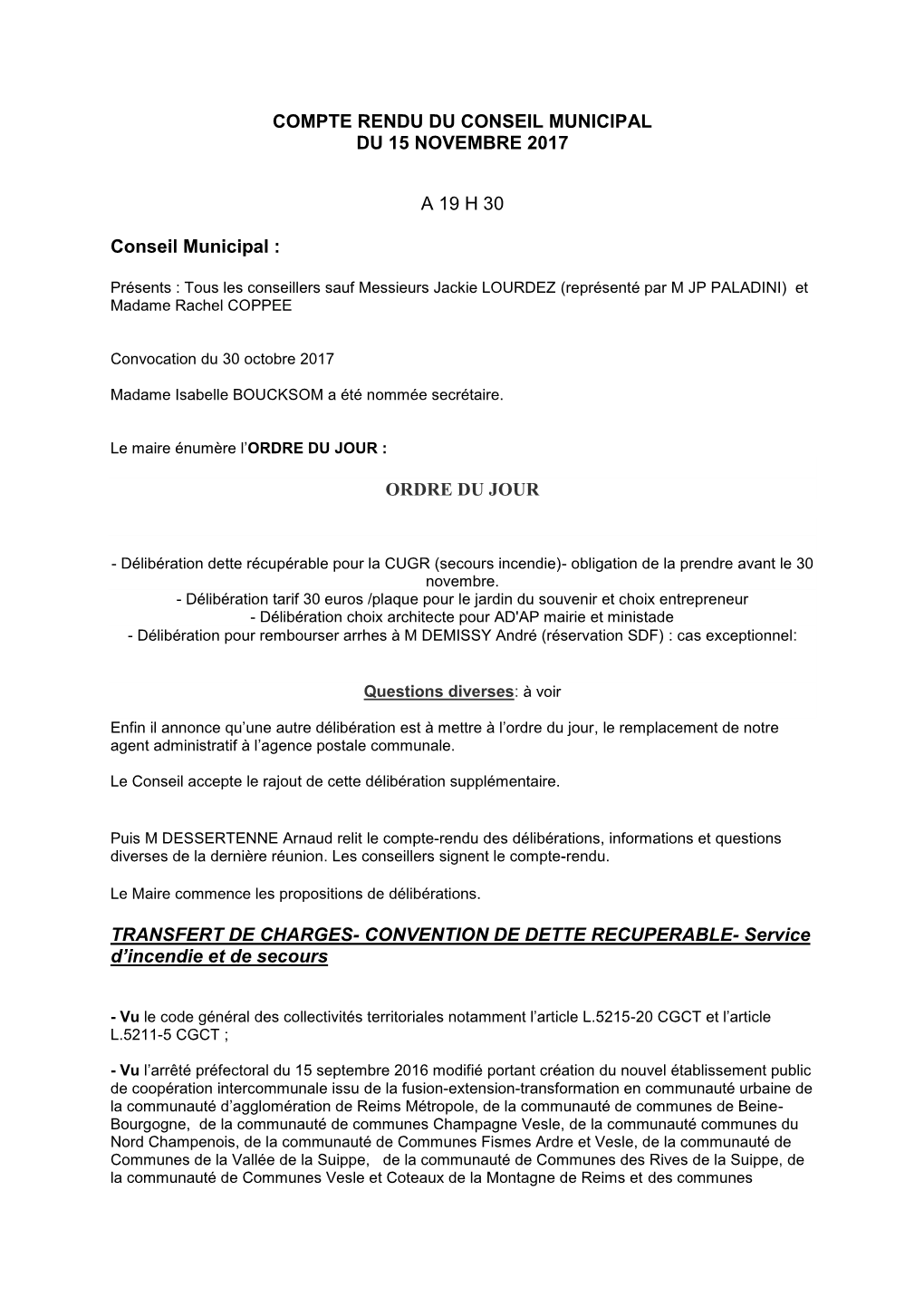 Compte-Rendu – Conseil Du 15/11/2017