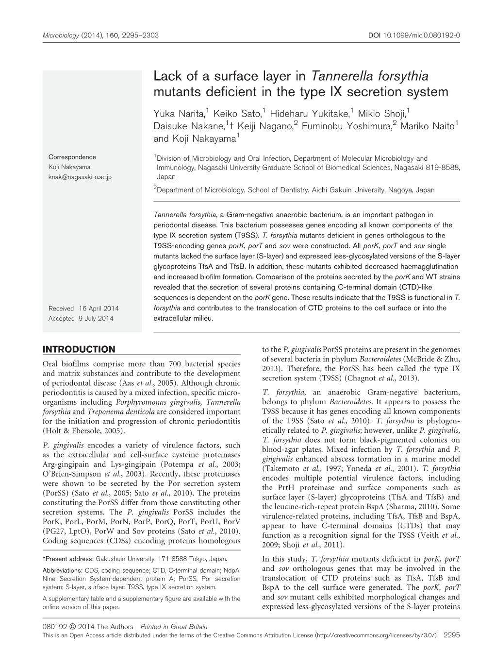 Lack of a Surface Layer in Tannerella Forsythia Mutants Deficient in the Type IX Secretion System