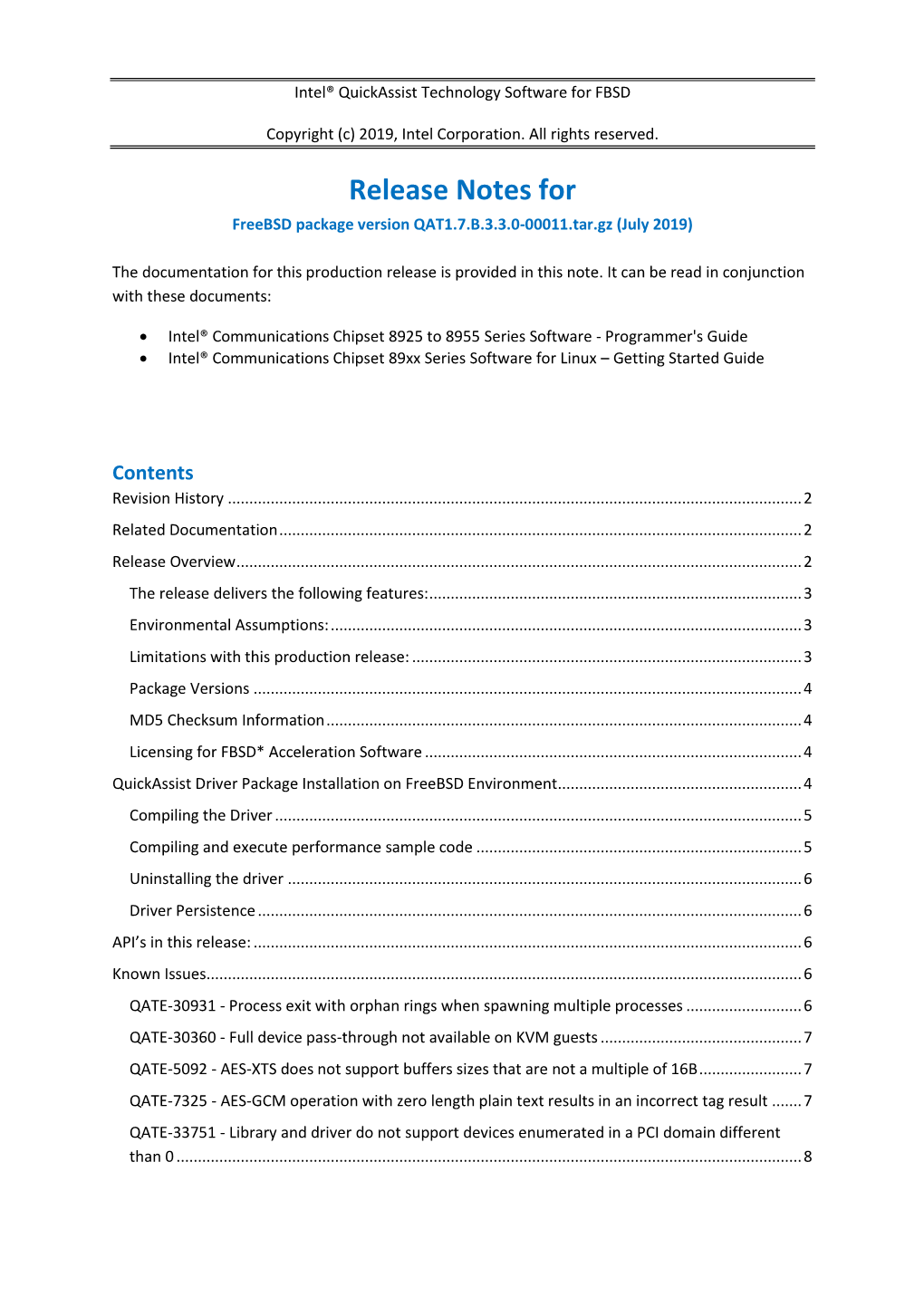 Release Notes for Freebsd Package Version QAT1.7.B.3.3.0-00011.Tar.Gz (July 2019)