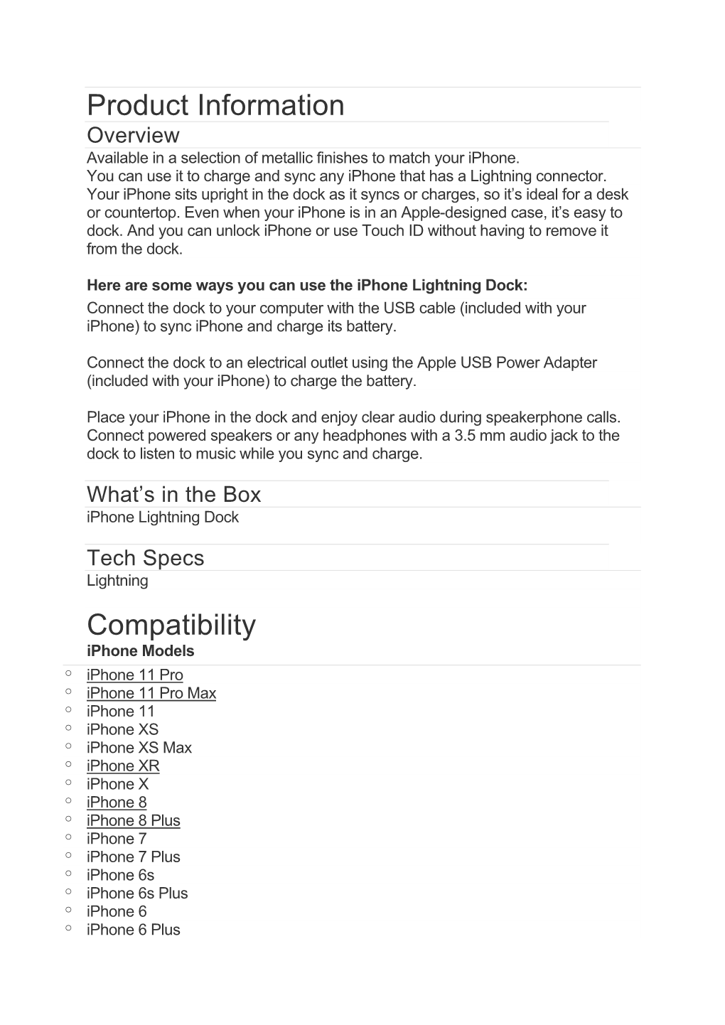 Product Information Compatibility