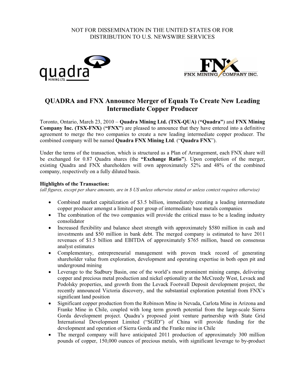 QUADRA and FNX Announce Merger of Equals to Create New Leading Intermediate Copper Producer
