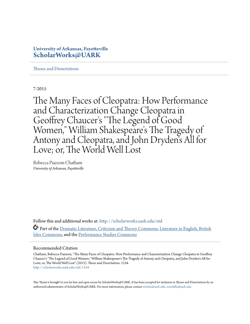 The Many Faces of Cleopatra: How Performance and Characterization Change Cleopatra in Geoffrey Chaucer's 