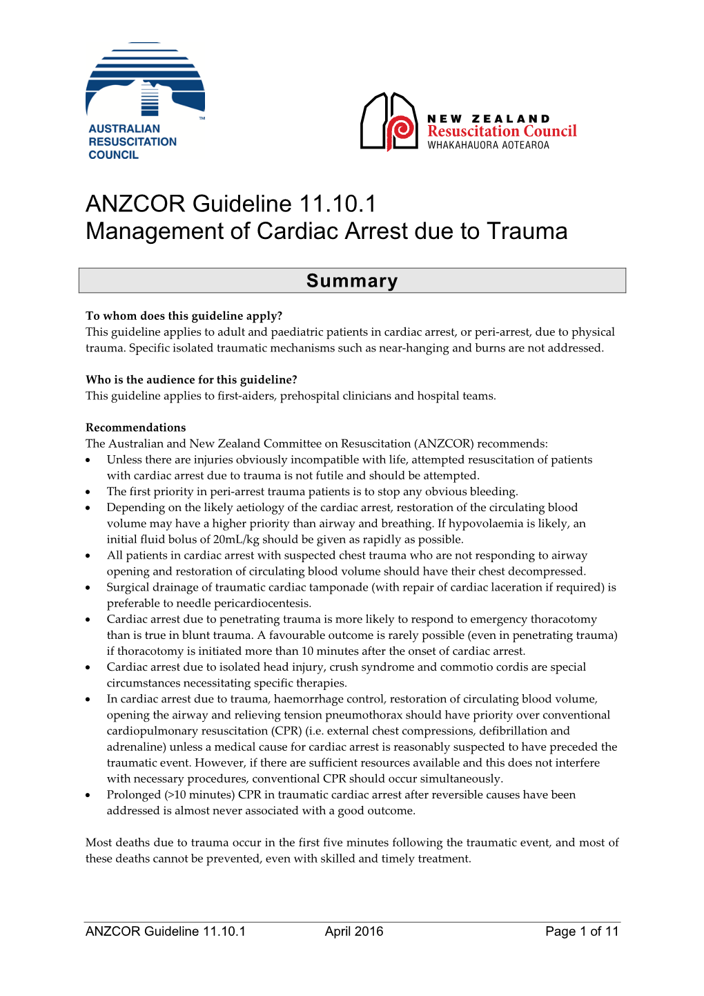 ANZCOR Guideline 11.10.1 Management of Cardiac Arrest Due to Trauma