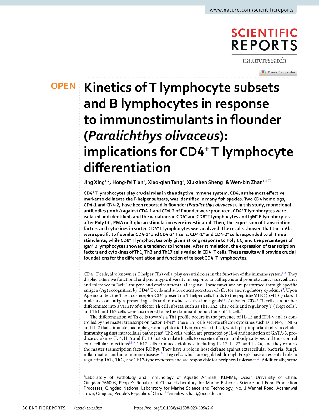 Paralichthys Olivaceus): Implications for ­CD4+ T Lymphocyte Diferentiation Jing Xing1,2, Hong‑Fei Tian1, Xiao‑Qian Tang1, Xiu‑Zhen Sheng1 & Wen‑Bin Zhan1,2*