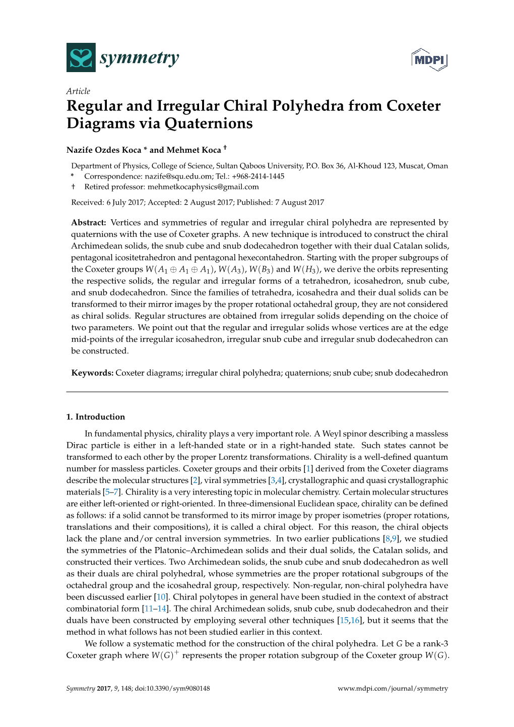 Regular and Irregular Chiral Polyhedra from Coxeter Diagrams Via Quaternions