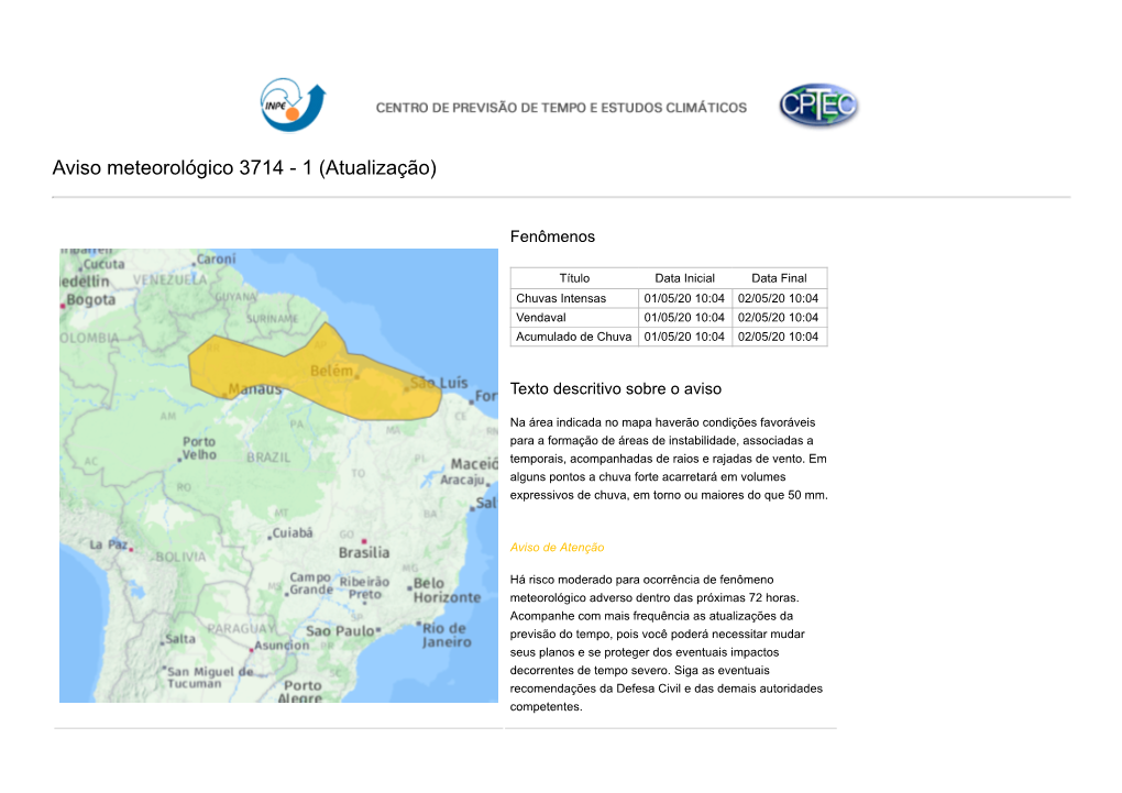 Aviso Meteorológico 3714 - 1 (Atualização)