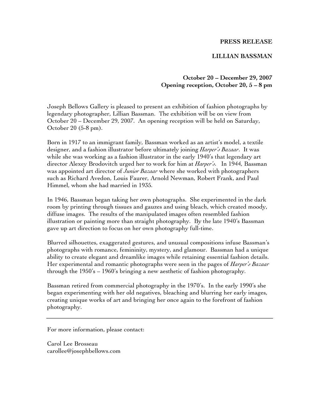 PRESS RELEASE LILLIAN BASSMAN October 20