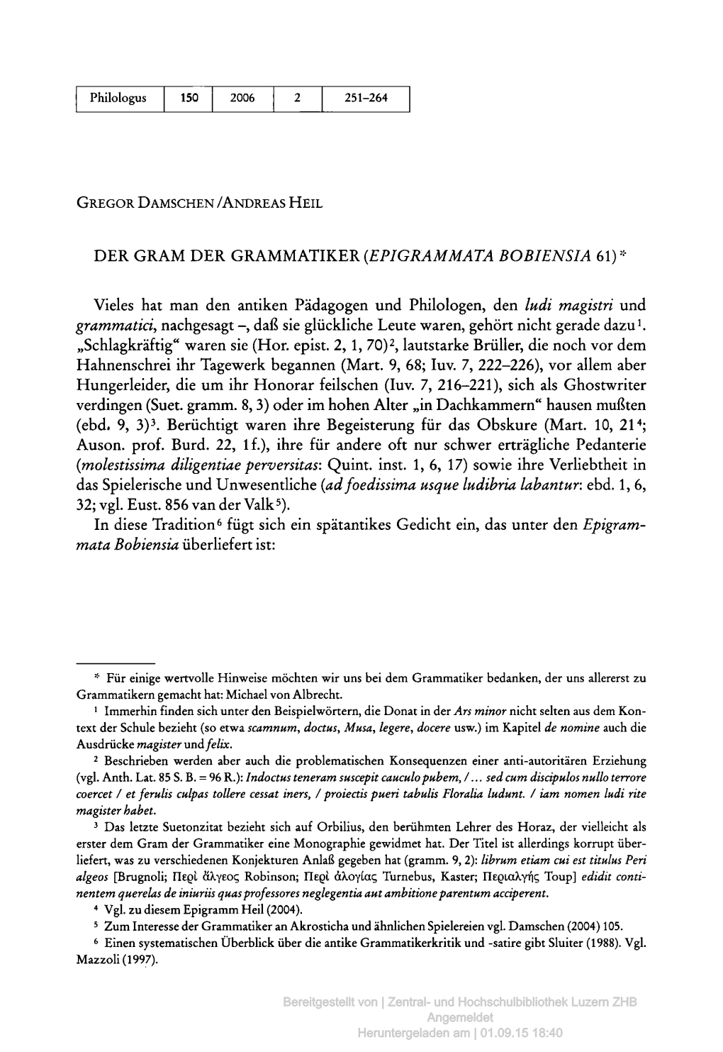 Der Gram Der Grammatiker {Epigrammata Bobiensia 61)