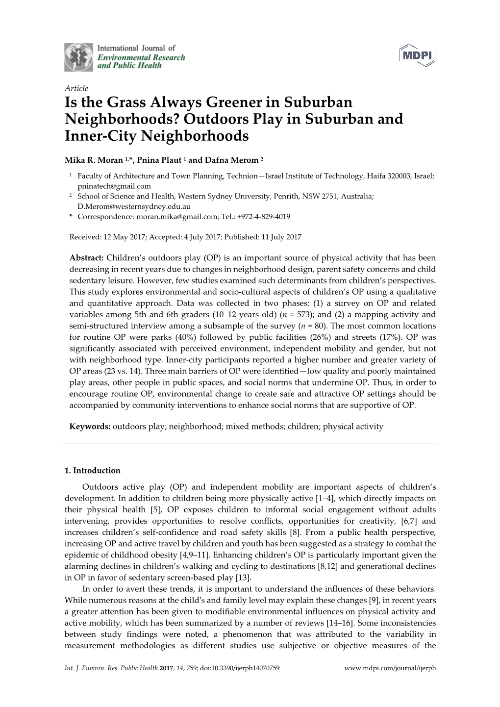 Is the Grass Always Greener in Suburban Neighborhoods? Outdoors Play in Suburban and Inner-City Neighborhoods