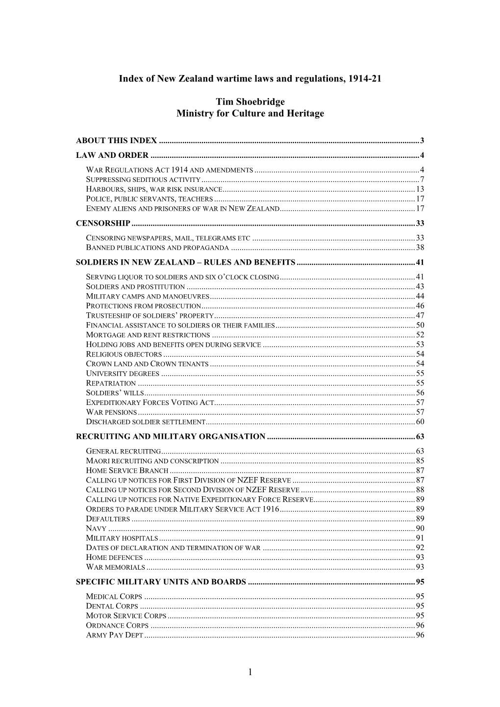 1 Index of New Zealand Wartime Laws and Regulations, 1914-21 Tim