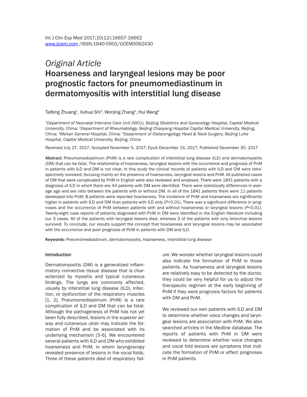 Original Article Hoarseness and Laryngeal Lesions May Be Poor Prognostic Factors for Pneumomediastinum in Dermatomyositis with Interstitial Lung Disease