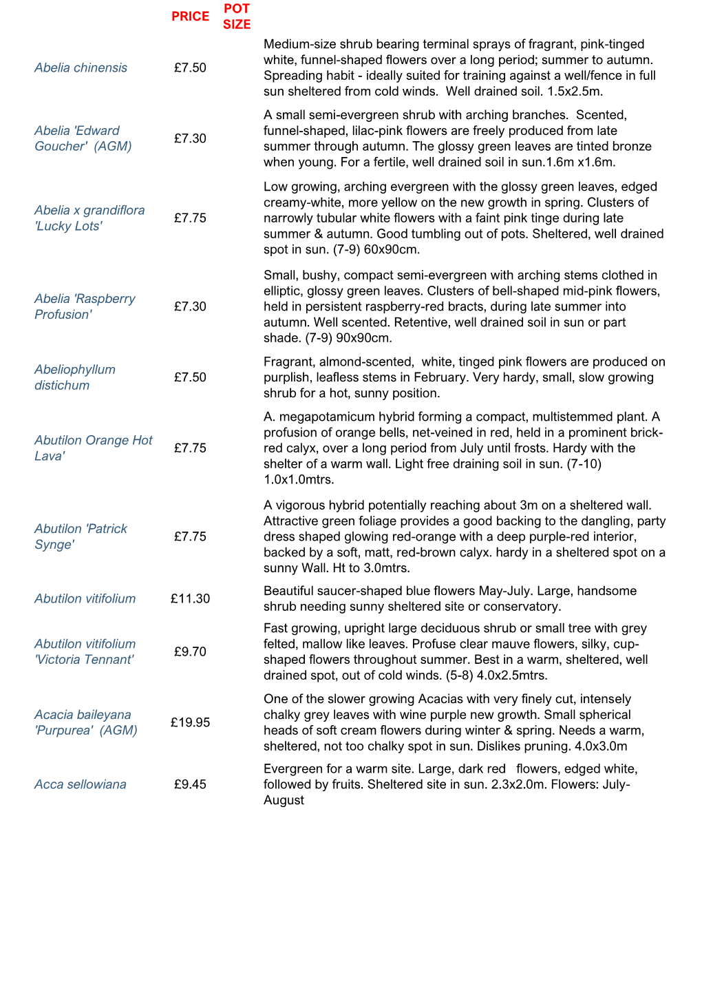 PRICE POT SIZE Abelia Chinensis £7.50 Medium-Size Shrub Bearing