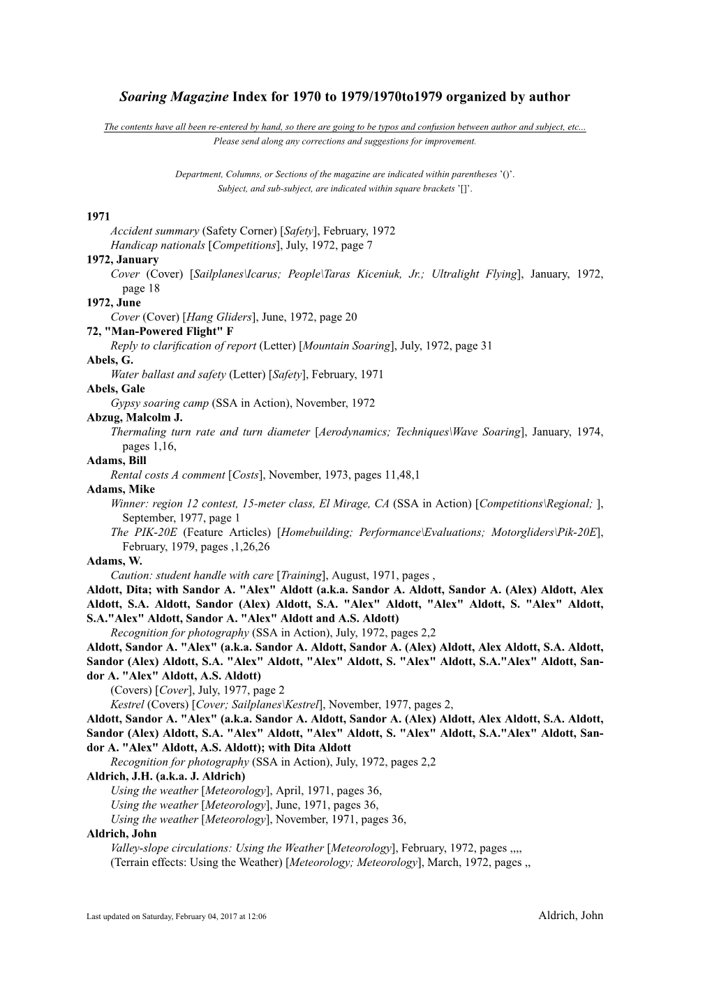 Soaring Magazine Index for 1970 to 1979/1970To1979 Organized by Author