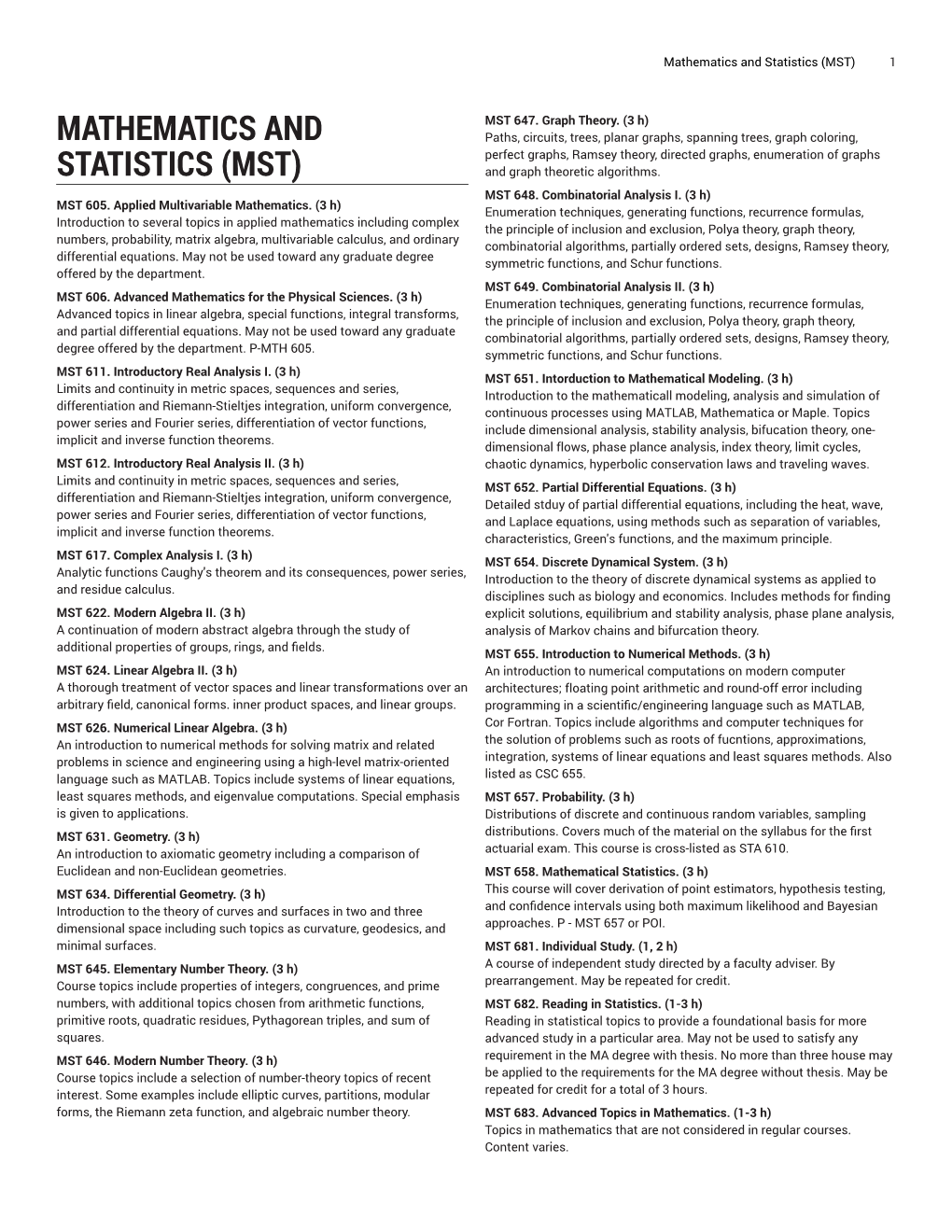 Mathematics and Statistics (MST) 1