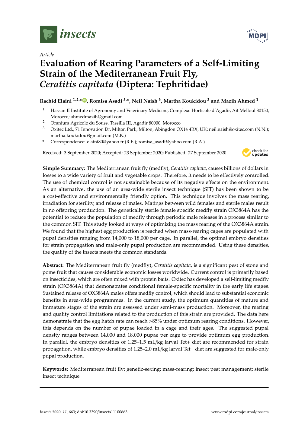 Evaluation of Rearing Parameters of a Self-Limiting Strain of the Mediterranean Fruit Fly, Ceratitis Capitata (Diptera: Tephritidae)