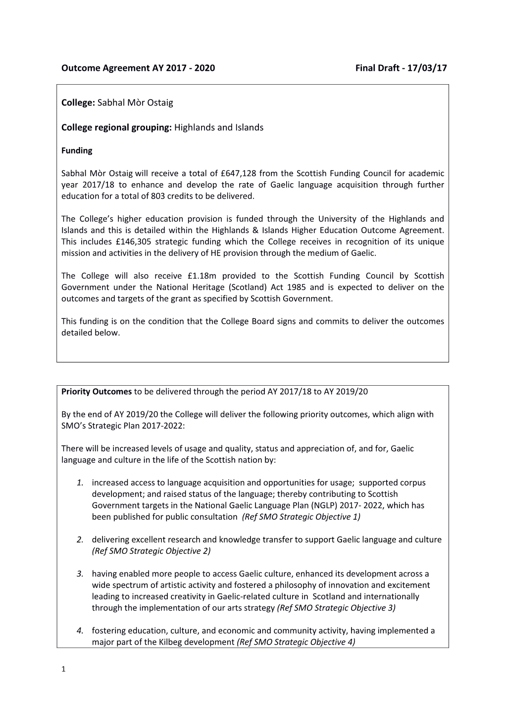 Sabhal Mòr Ostaig Outcome Agreement 2017-18