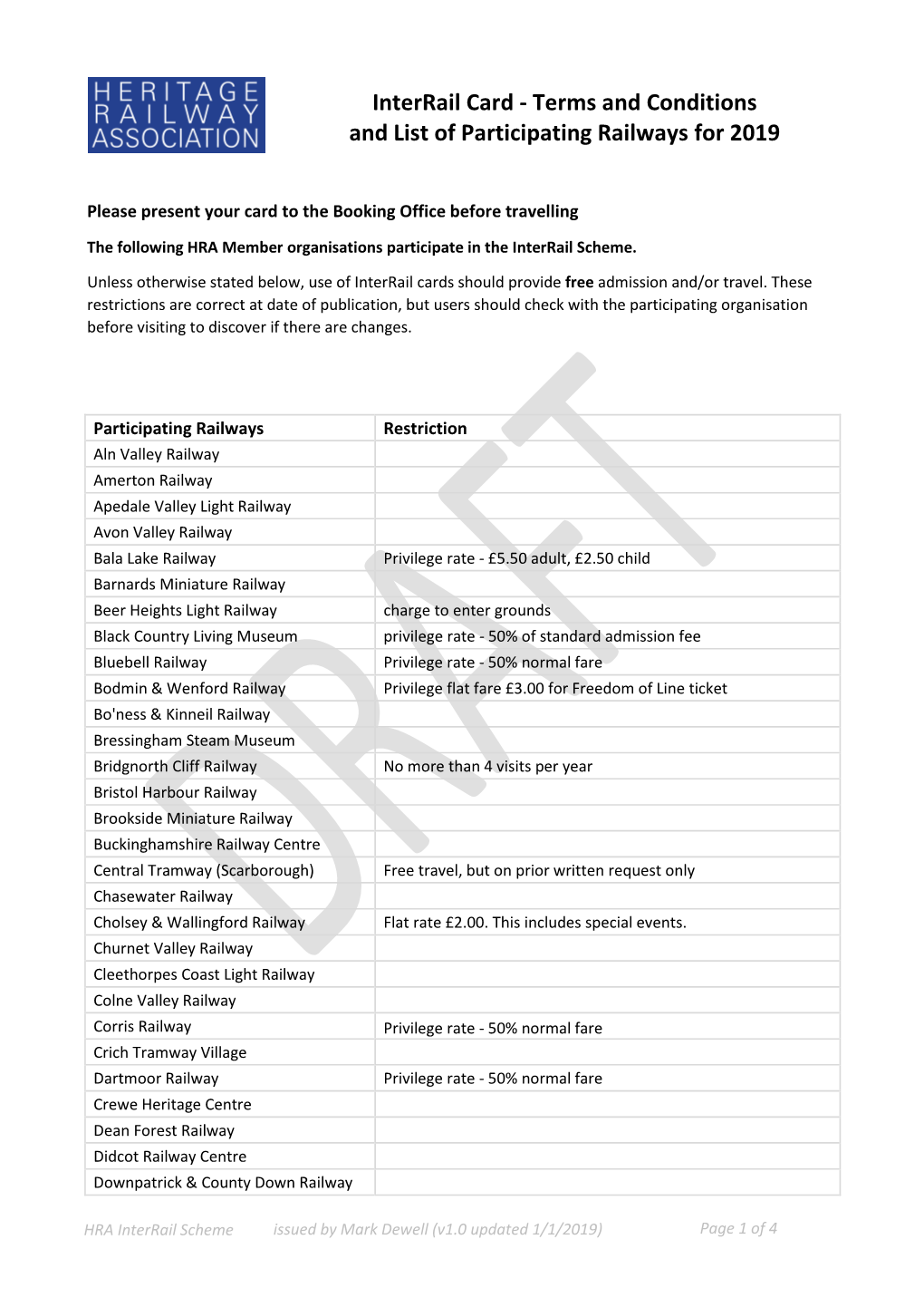 Interrail Card - Terms and Conditions and List of Participating Railways for 2019