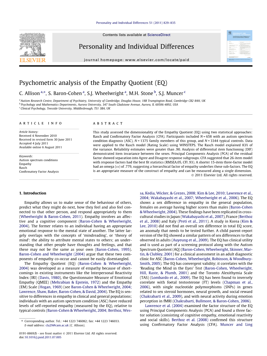 Psychometric Analysis of the Empathy Quotient (EQ) ⇑ C