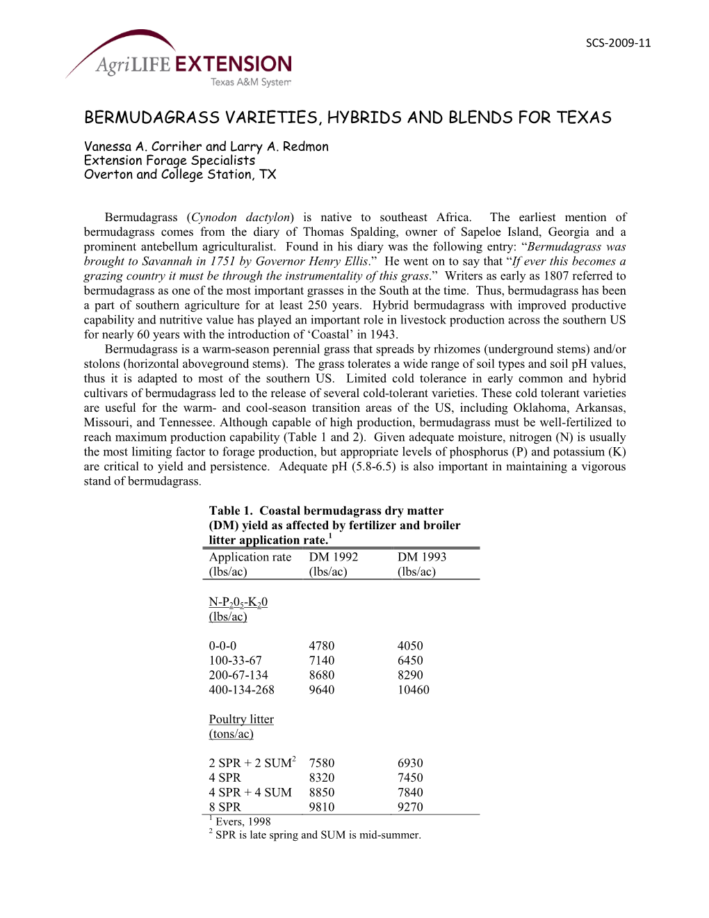 Bermudagrass Varieties, Hybrids, and Blends for Texas