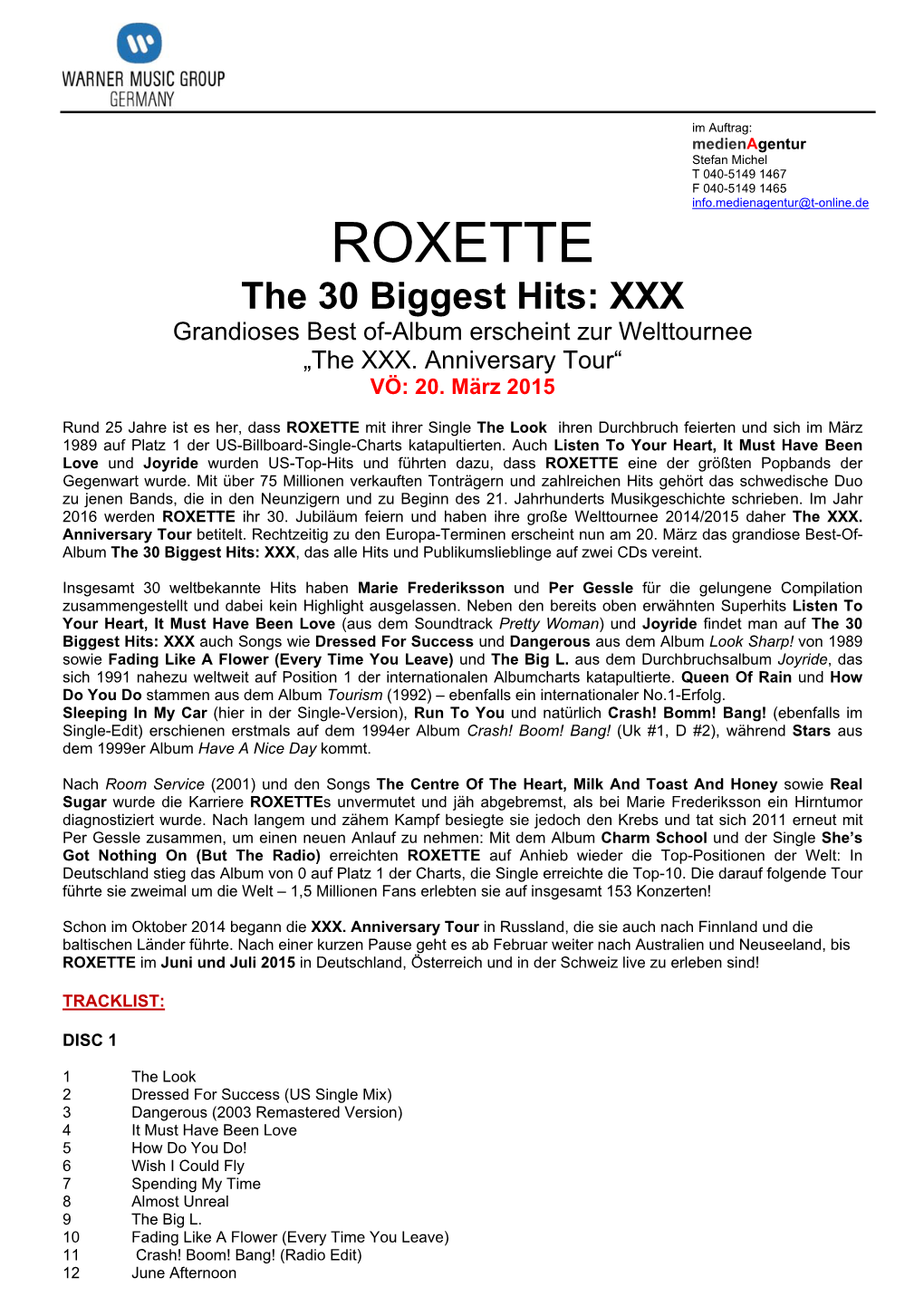 ROXETTE the 30 Biggest Hits: XXX Grandioses Best Of-Album Erscheint Zur Welttournee „The XXX