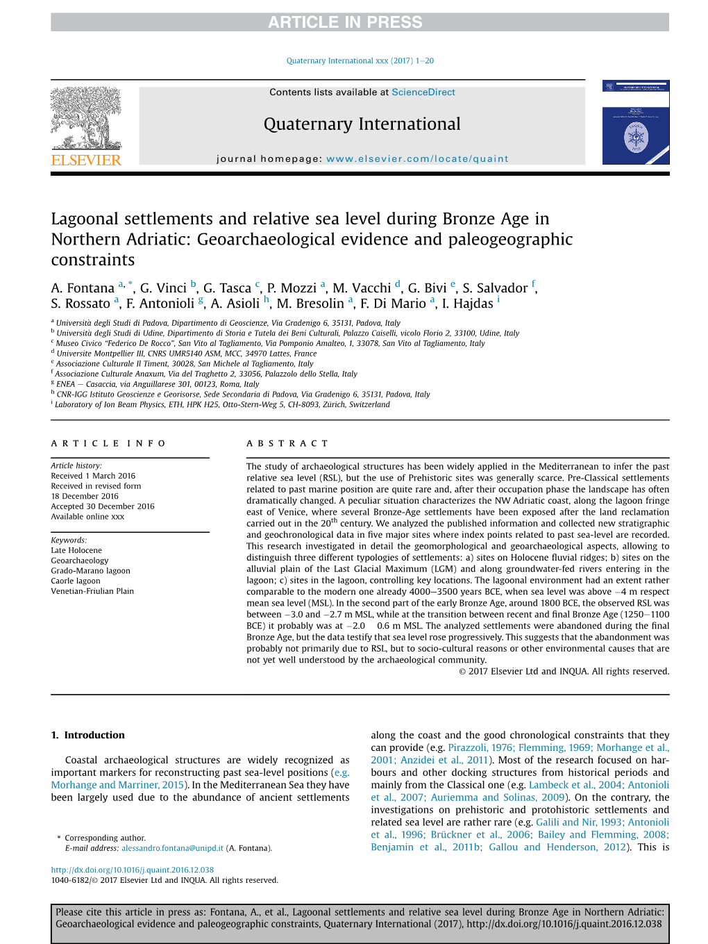 Lagoonal Settlements and Relative Sea Level During Bronze Age in Northern Adriatic: Geoarchaeological Evidence and Paleogeographic Constraints