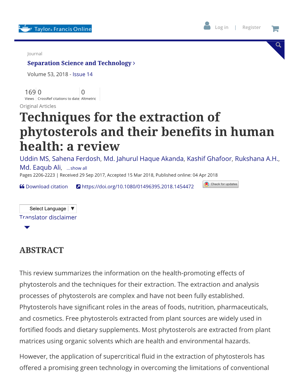 Techniques for the Extraction of Phytosterols and Their Benefits in Human Health: a Review Uddin MS, Sahena Ferdosh, Md