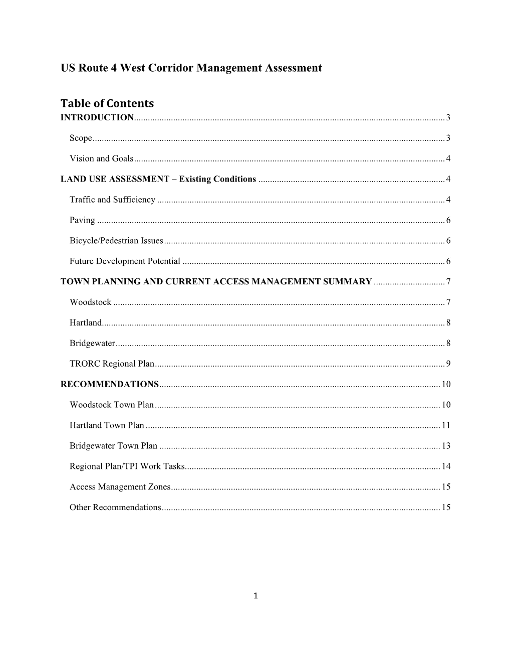 US Route 4 West Corridor Management Assessment Table of Contents
