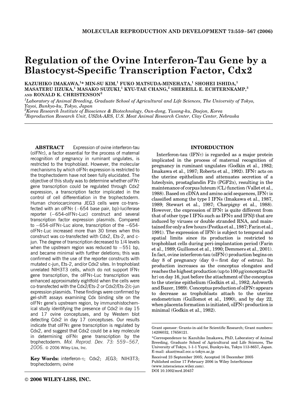 Regulation of the Ovine Interferon-Tau Gene by a Blastocyst-Specific Transcription Factor, Cdx2