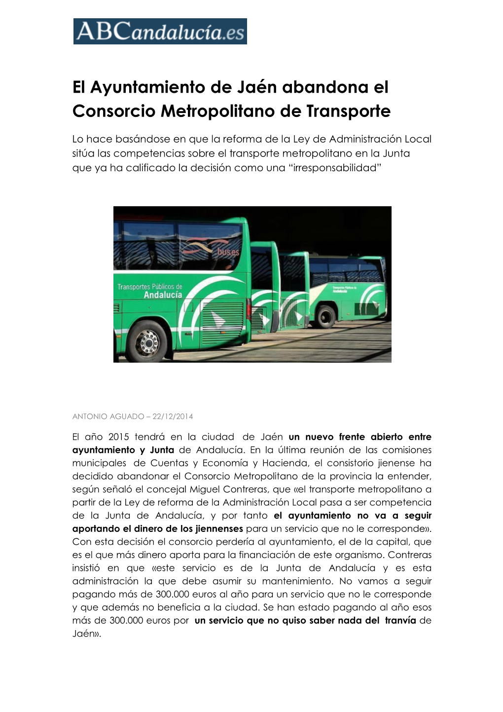 El Ayuntamiento De Jaén Abandona El Consorcio Metropolitano De Transporte